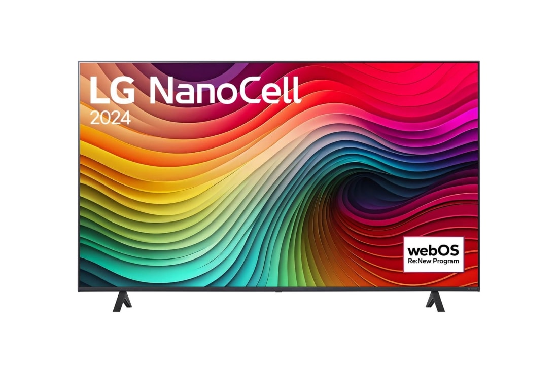 LG 65 инчов LG NanoCell NANO82 4K смарт TV 2024, Изглед отпред на LG NanoCell TV, NANO82 с текст LG NanoCell, 2024, и логото на webOS Re:New Program на екрана, 65NANO82T3B