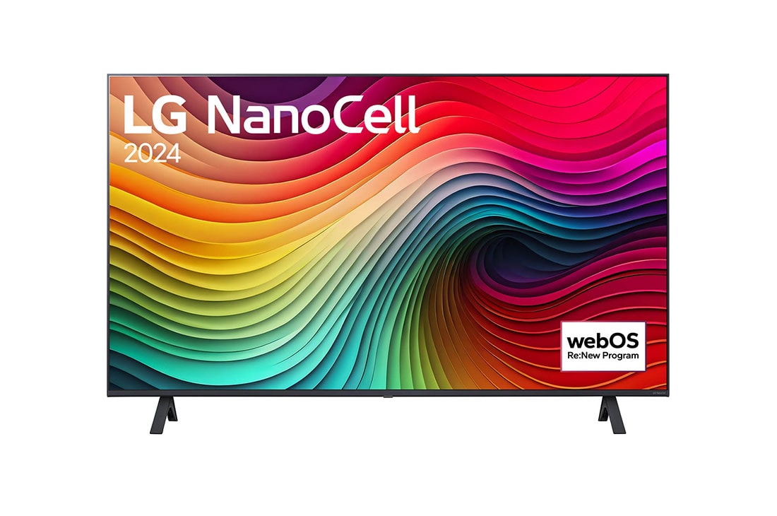 LG 43 инчов LG NanoCell NANO81 4K смарт TV 2024, Изглед отпред на LG NanoCell TV, NANO80 с текст LG NanoCell, 2024, и логото на webOS Re:New Program на екрана, 43NANO81T3A