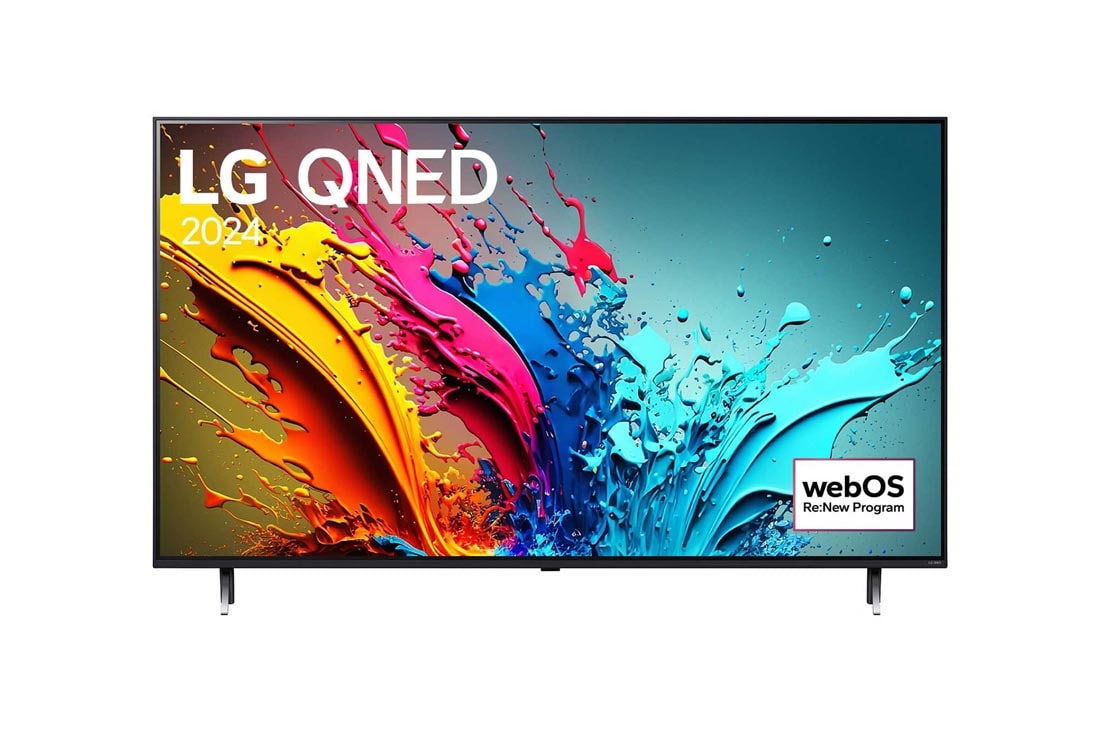 LG 50-инчов LG QNED85 4K Smart TV 2024, LG QNED TV, QNED85 elölnézete az LG QNED, 2024 szöveggel és a webOS Re:New Program logóval a képernyőn, 50QNED85T3A