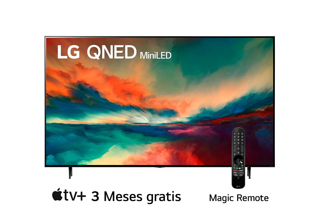 LG Pantalla LG QNED miniLED 86'' QNED85 4K SMART TV con ThinQ AI, Una vista frontal del televisor LG QNED con una imagen de relleno y el logotipo del producto en, 86QNED85SRA