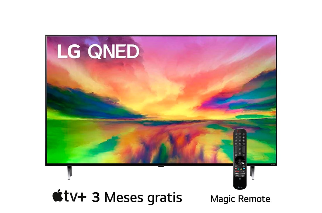 LG Pantalla LG QNED 86'' QNED80 4K SMART TV con ThinQ AI , Una vista frontal del televisor LG QNED con una imagen de relleno y el logotipo del producto en, 86QNED80SRA