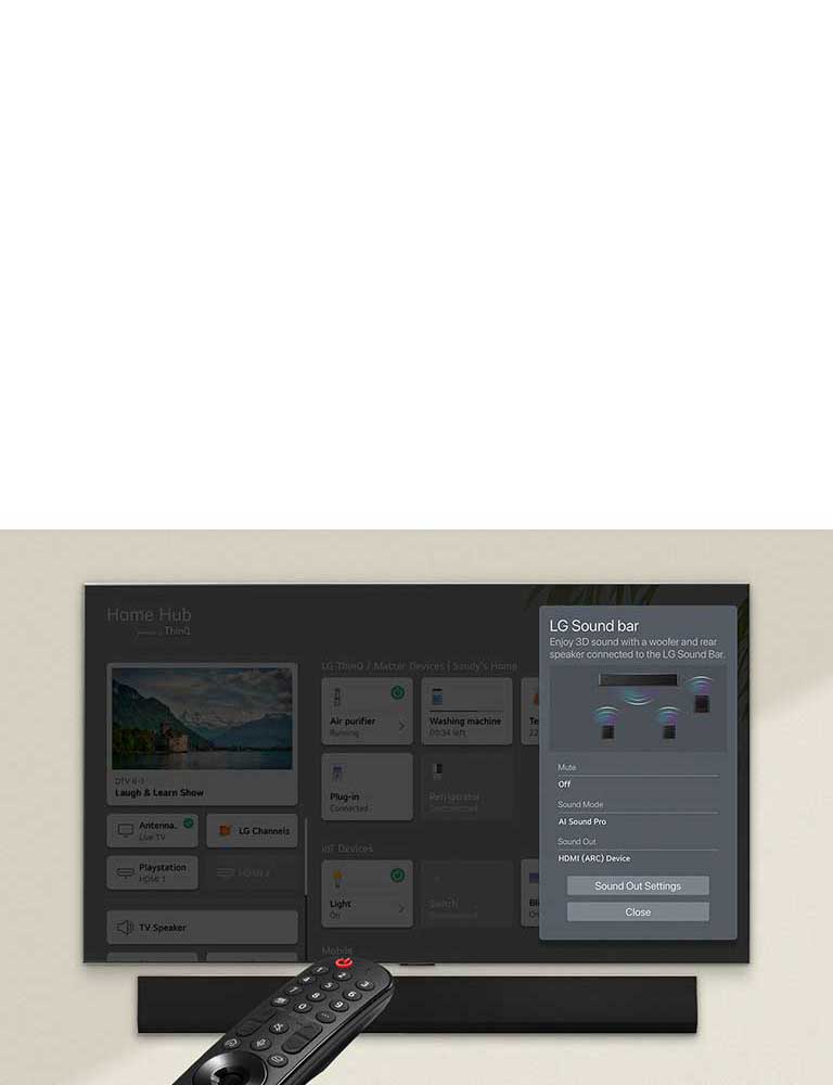 Eine Fernbedienung, die auf einen LG OLED TV zeigt mit Einstellungen auf der rechten Seite des Bildschirms.