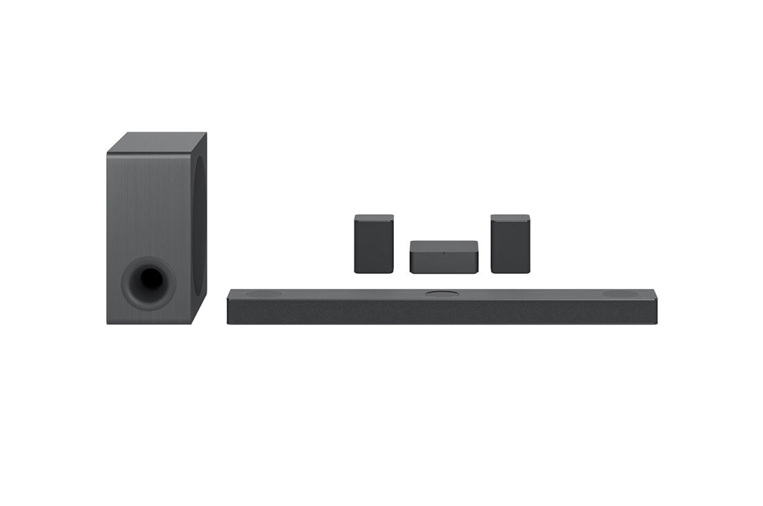 LG Soundbar DS80QR, Vorderansicht mit Subwoofer und hinteren Lautsprechern, DS80QR