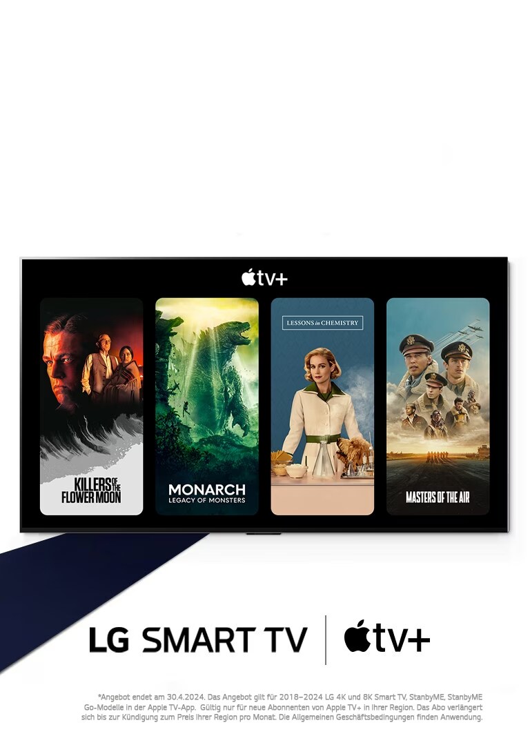 Ein Bild von LG OLED TV. Der Inhalt von Apple TV+ ist auf dem Bildschirm zu sehen und die Überschrift lautet: „Erhalten Sie drei Monate Apple TV+ gratis mit LG Smart TVs.“