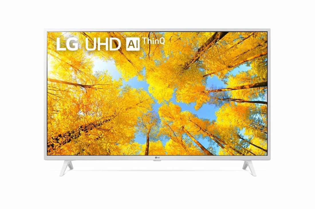 LG 43“ LG UHD TV, Vorderansicht des LG UHD TV mit eingefügtem Bild und Produktlogo, 43UQ76909LE
