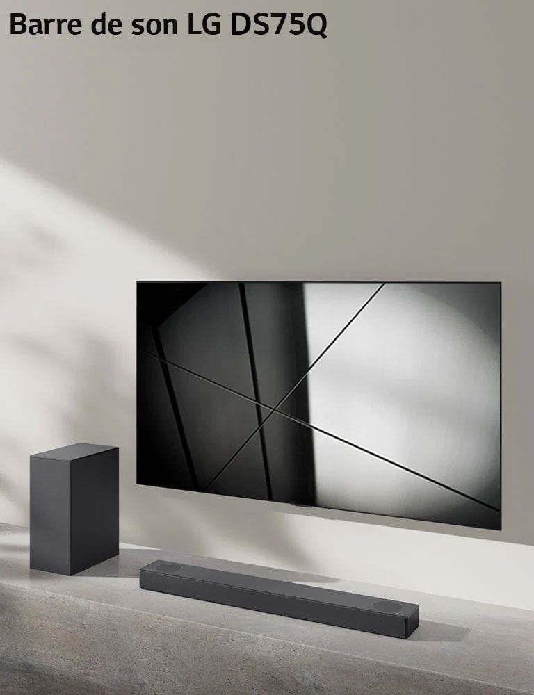 La barre de son DS75Q de LG et le téléviseur LG sont placés ensemble dans le salon. Le téléviseur est allumé et projette une image en noir et blanc.