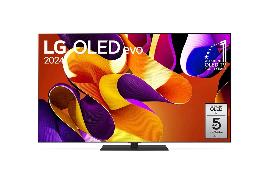 LG Smart TV OLED55G4 LG OLED evo G4 4K 55 pouces, Vue de face d’un téléviseur LG OLED evo, OLED G4, logo OLED 11 ans numéro 1 mondial et logo 5 ans de garantie sur l’écran, OLED55G49LS