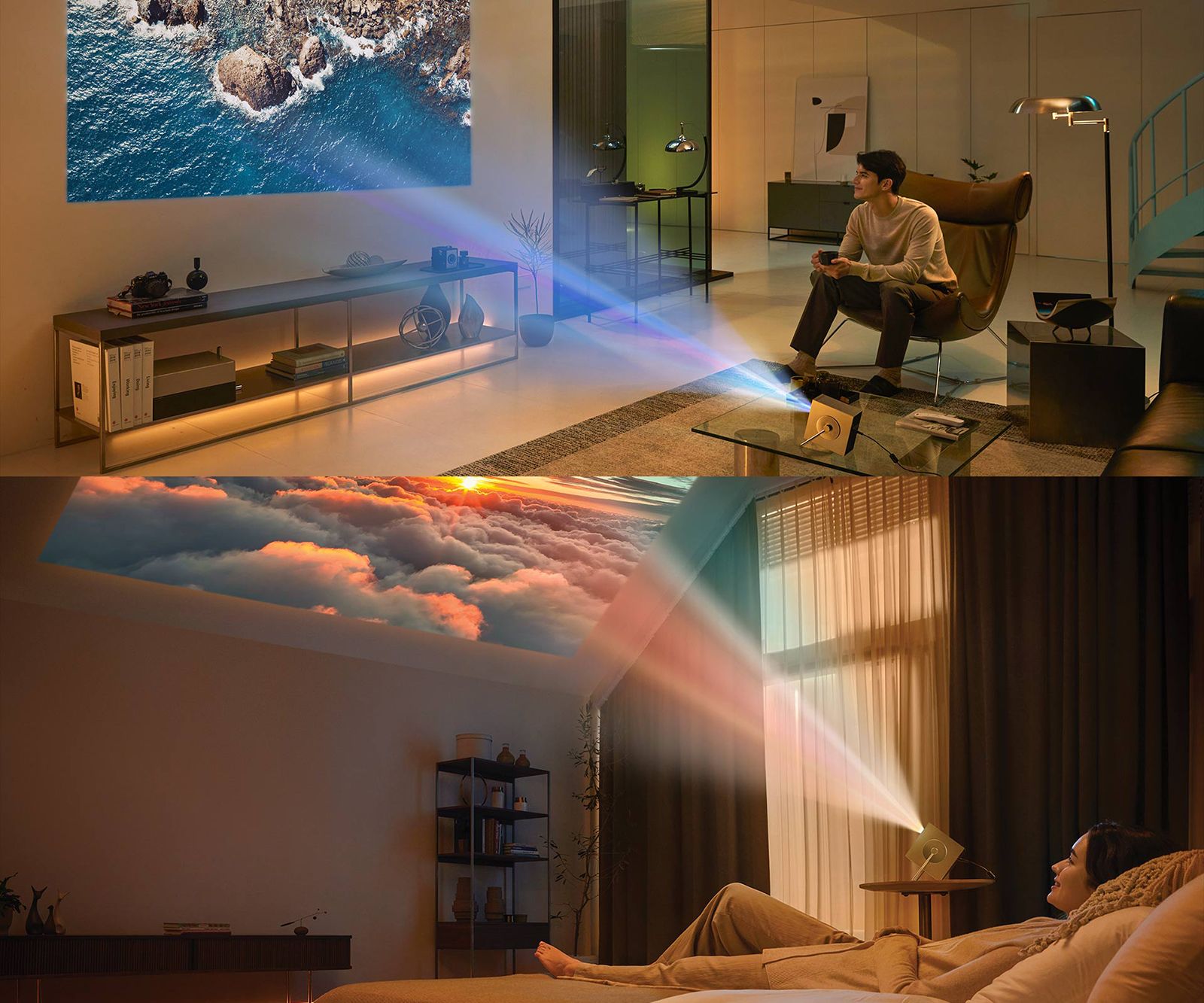 LG CineBeam HU710PB的多种使用场景——客厅和卧室。