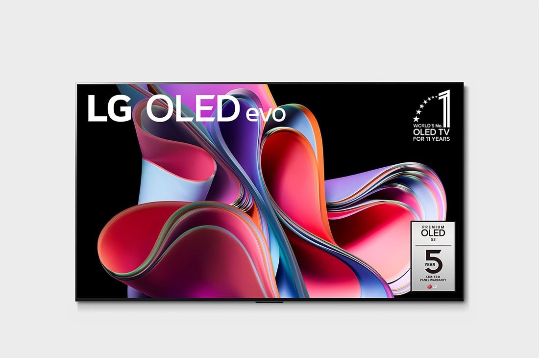 LG 2023款LG OLED evo <br>G3 83英寸4K智能电视, 屏幕上标有LG OLED evo和LG OLED电视连续11年全球销量领先的正面视图。面板保修期五年的标志显示在屏幕上。, OLED83G3PCA