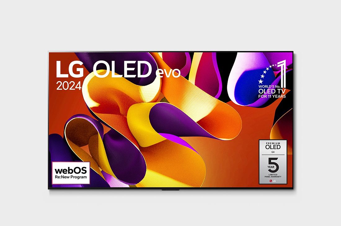 LG 77 英寸 LG OLED evo G4 4K 智能电视 OLED77G4, LG OLED evo TV, OLED G4 正面视图，屏幕上有 11 年全球最佳 OLED 标志和 5 年面板保修标志, OLED77G4PCA