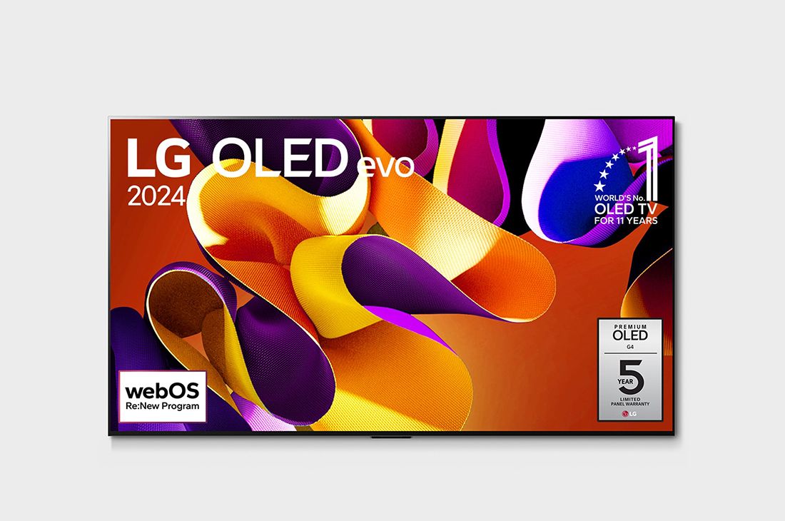 LG 65 英寸 LG OLED evo G4 4K 智能电视 OLED65G4, LG OLED evo TV, OLED G4 正面视图，屏幕上有 11 年全球最佳 OLED 标志和 5 年面板保修标志, OLED65G4PCA