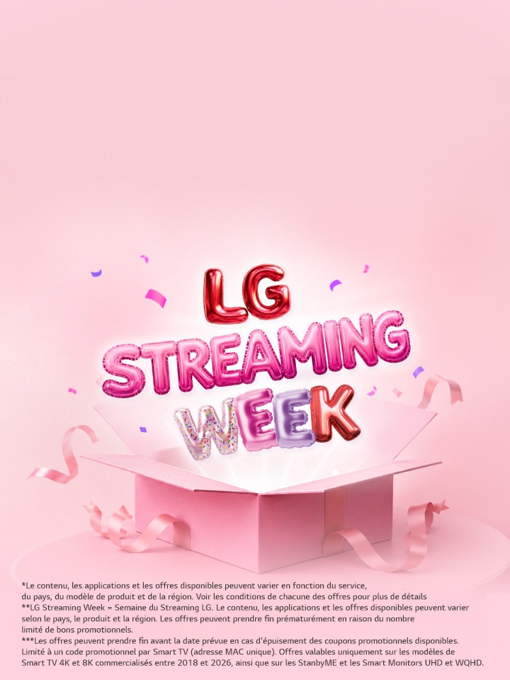 Le logo « LG Streaming Week** » avec des lettres en forme de ballons colorés sort d'un coffret cadeau rose ouvert, entouré de rubans et de confettis sur un fond rose pastel.