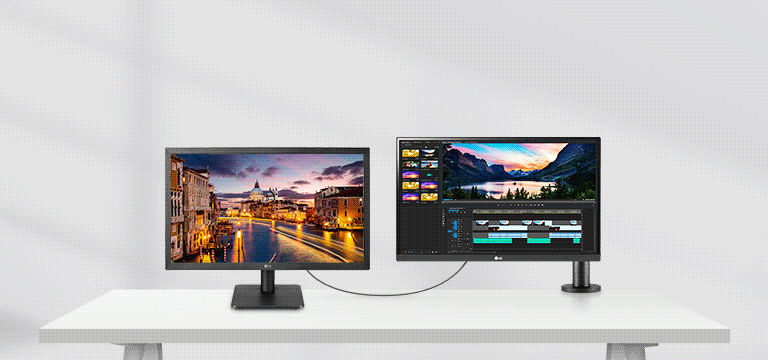 O monitor DualUp ocupava apenas um espaço compacto para um monitor, mas este suporte de monitor de proporção de aspecto 16:18, dois monitores de 21,5 polegadas, em uma tela.