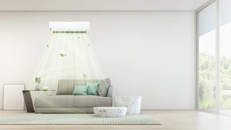 Uma unidade montada na parede da LG respira um fluxo de ar verde cheio de folhas em um sofá abaixo, enquanto mesas gêmeas de mármore são exibidas nas proximidades.