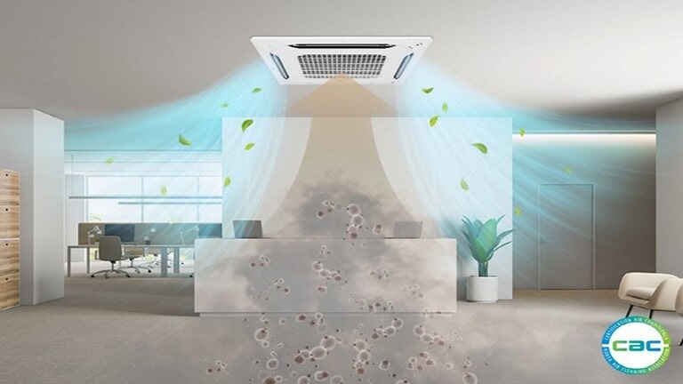 A unidade de ar condicionado (AC) LG de teto quadrado aspira o ar sujo centralmente e distribui ar limpo de cor azul a partir de quatro aberturas de ventilação circundantes.