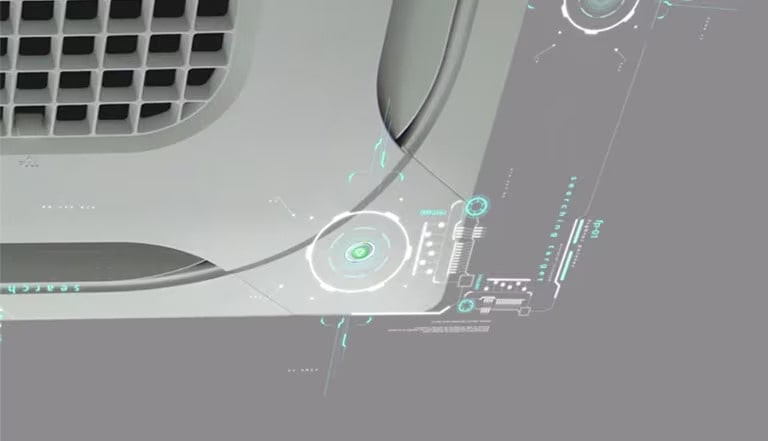 O canto inferior direito de um ar condicionado de célula quadrada LG apresenta quatro saídas de ar em cada lado. Uma UI AR futurista exibe informações relacionadas à unidade.