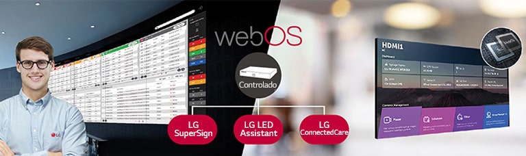 "Um funcionário da LG está monitorando remotamente a série LWBC instalada em outro local usando uma solução de monitoramento LG baseada na nuvem. O controlador de sistema com webOS permite a compatibilidade da série LWBC com as soluções de software da LG."