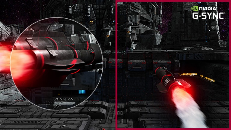 Um míssil voa para alvos em grande velocidade em um jogo FPS, e o movimento giratório rápido do míssil capturado pelo zoom para a visão maior ocorre suavemente com o modo G-sync ativado em comparação com outra cena com o modo G-sync desativado.