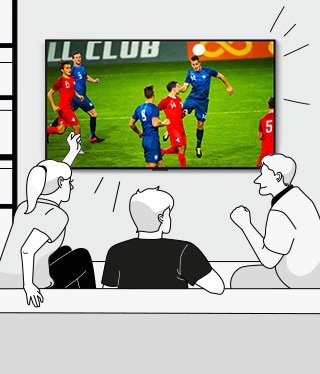 Ilustração de várias pessoas juntas assistindo a uma partida de futebol na sala.