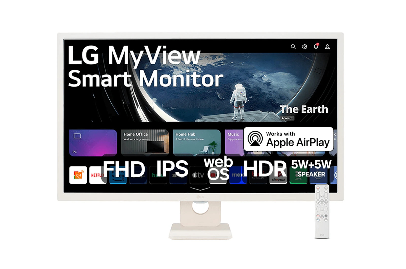 LG Monitor LG MyView Smart - Tela IPS de 32'‘, FHD, WebOs, Screen Share, HDR10, ThinQ, Air Play 2, Bluetooth, USB, HDMI - 32SR50F-W, 32SR50F-W