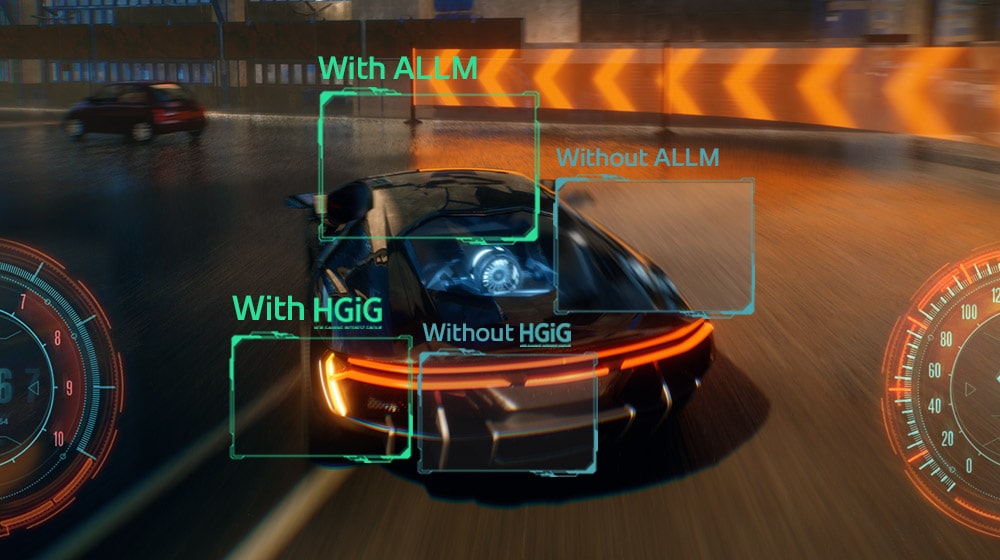Foto de um jogo de corrida mostrando a qualidade de imagem aprimorada proporcionada pelos recursos HGIG e ALLM, em comparação com a imagem sem nada.