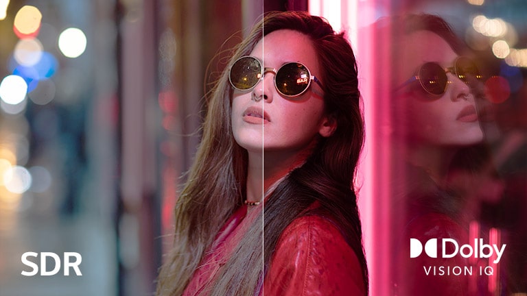 A cena de uma mulher usando óculos escuros é dividida em duas para comparação visual. Na imagem, há texto de SDR no canto inferior esquerdo e o logotipo Dolby Vision IQ no canto inferior direito.