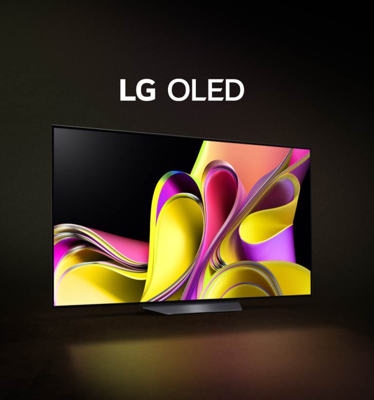 Um vídeo se abre com fundo preto, e a LG OLED B3 aparece gradualmente com uma colorida obra de arte abstrata na tela. A TV se move para o lugar, e as palavras LG OLED aparecem em branco.