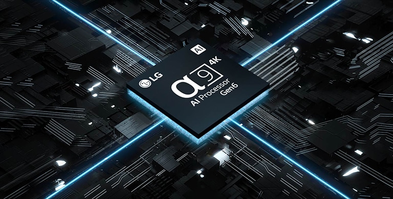 Vídeo do Processador α9 AI 4K Gen6 contra uma placa de circuito. A placa se ilumina, e luzes azuis são emitidas do chip para representar a potência dele.