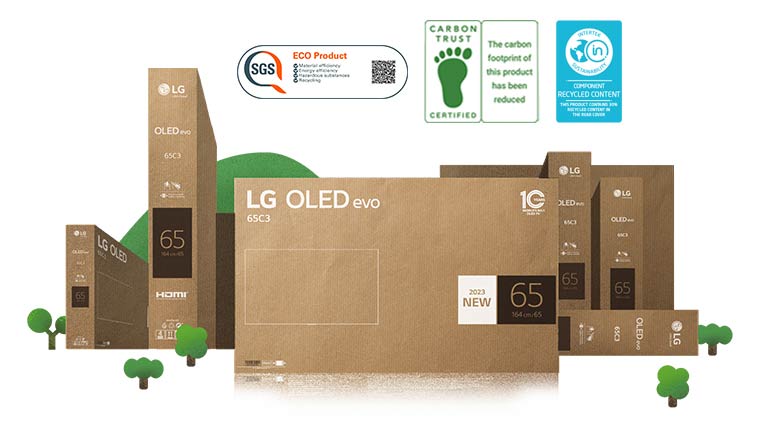 Embalagem ecológica de papelão LG OLED retratada em torno de árvores e montanhas prósperas