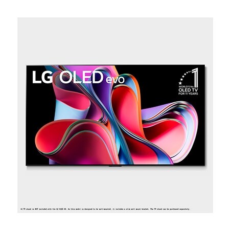 Vista frontal da LG OLED evo, com o emblema 11 Anos TV OLED Nº 1 no Mundo e o logotipo de 5 anos de garantia na tela