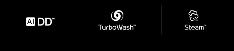 Linha com quatro ícones da LG para: A marca AI DD. A marca TurboWash. A marca Steam.