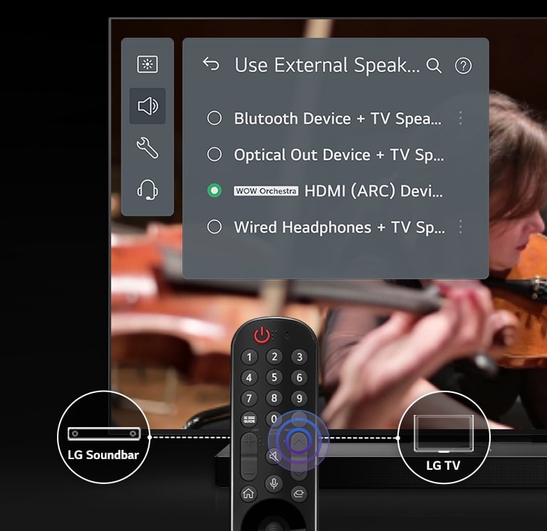 Na tela da TV, aparece a tela “WOW Interface” para acesso à função “WOW Orchestra”. Abaixo, há a imagem de um controle remoto e elementos de design para representar a conexão do som à barra de som ou à TV.