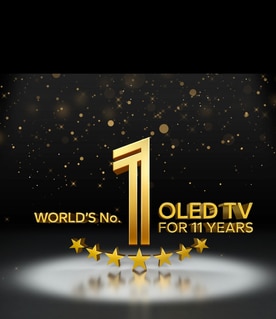 A gold emblem of World's number 1 OLED TV for 11 Years against a black backdrop. A spotlight shines on the emblem, and gold abstract stars fill the sky above it.
