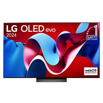 LG OLED evo C4 TV, OLED65C4PUA, with 11 Years of world number 1 OLED Emblem and webOS Re:New Program logo on screen