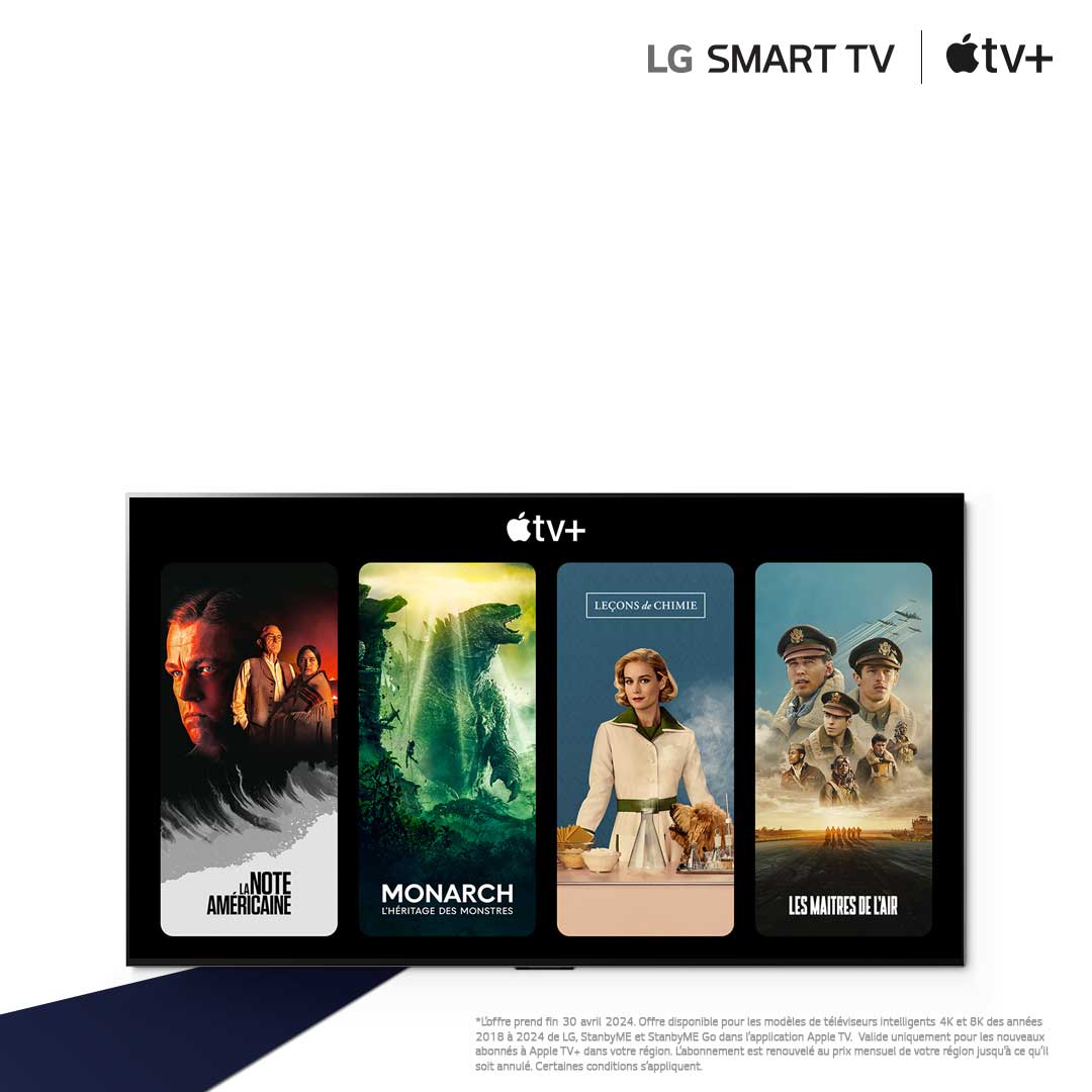 Une image d’un téléviseur OLED de LG Le contenu d’Apple TV+ est affiché à l’écran et le titre est « Recevez trois mois d’Apple TV+ gratuits avec les téléviseurs intelligents de LG ».