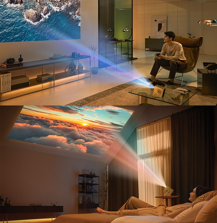 Diverses scènes d’utilisation du LG CineBeam HU710PB – Dans un salon et une chambre à coucher.