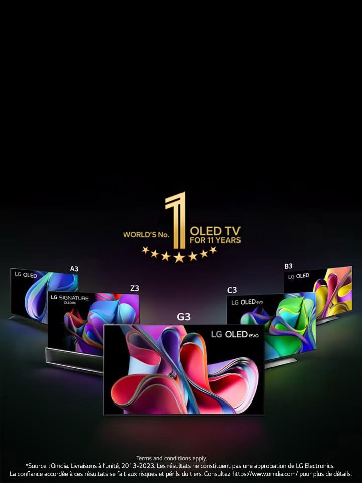 Une image de la gamme LG OLED sur un fond noir, en triangle, avec le LG OLED G3 au milieu, tourné vers l'avant. Chaque téléviseur affiche une œuvre d'art abstraite et colorée à l'écran. L'emblème "10 Years World's No.1 OLED TV" est également présent sur l'image. 