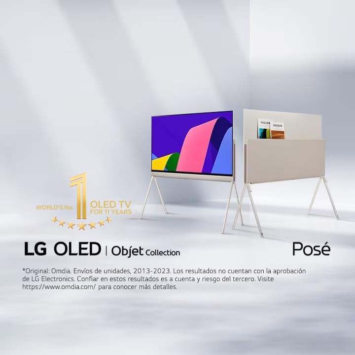 Two LG Posé TVs next to each other at a 45-degree angle, one seen from the front with colorful abstract artwork on-screen and one seen from the back showing off its versatile back. The "10 Years World's No.1 OLED TV" emblem is also in the image. 	