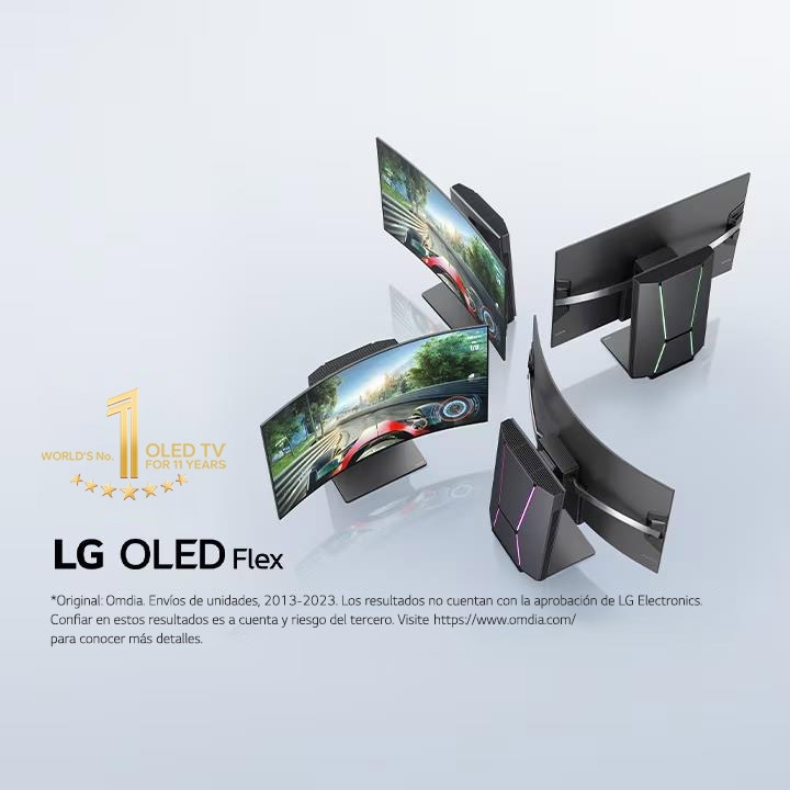 Four LG OLED Flex TVs next to each other at a 45-degree angle. Each has a different level of curvature. Two TVs are seen from the front with a racing game on-screen, and two are seen from behind showing off the Fusion Lighting.	