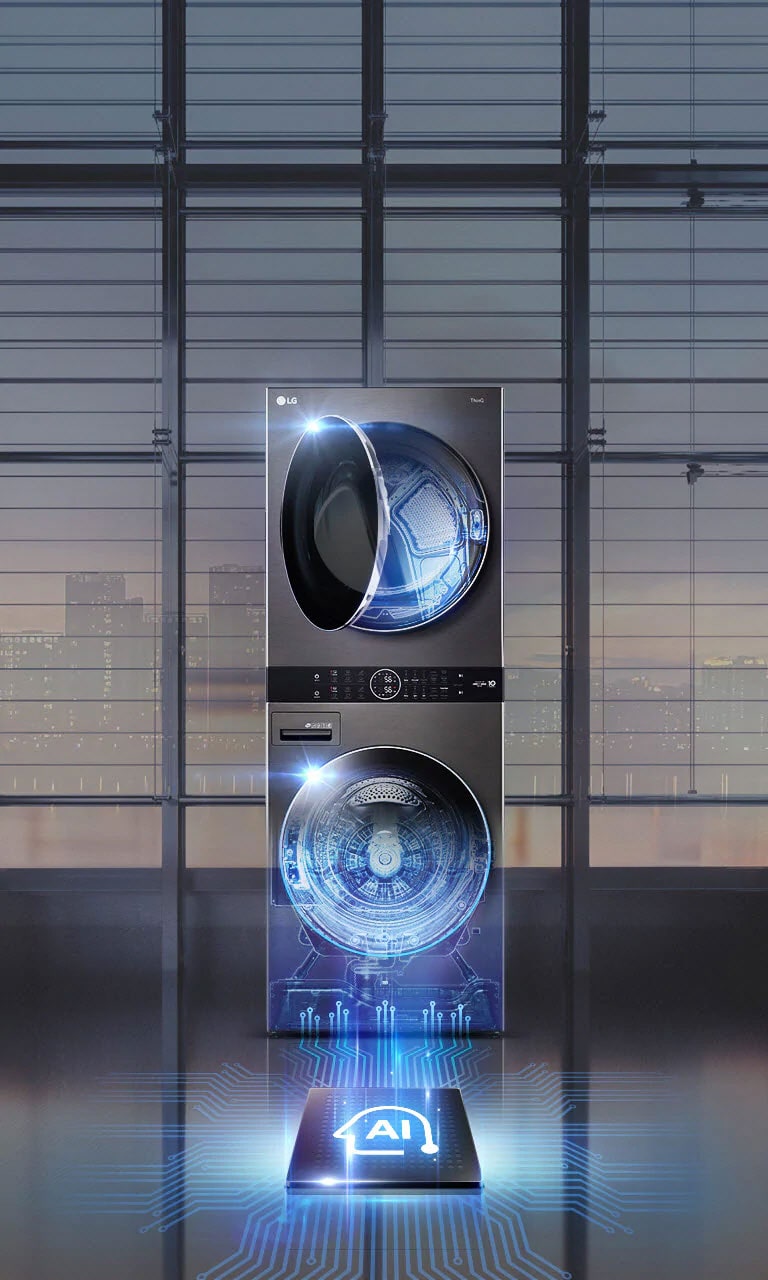 Una Torre de Lavado LG se ubica de frente con una pared de ventanas detrás. La puerta superior está ligeramente entreabierta, mostrando una luz azul que brilla en el interior. La puerta inferior está completamente abierta, mostrando la luz azul que brilla y las líneas que conectan con el ícono AI que indica la tecnología y la conexión.