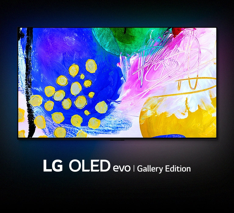 Un LG OLED G2 está en una habitación oscura con una colorida obra de arte abstracta de formas en su pantalla y las palabras "LG OLED evo Gallery Edition" debajo.