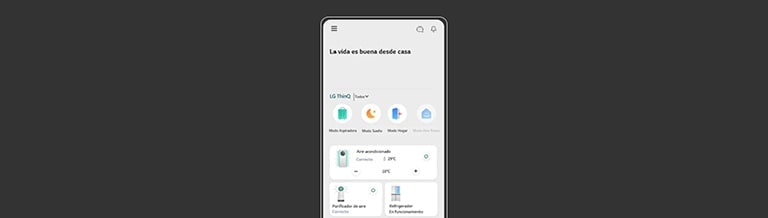 La imagen muestra la pantalla de la aplicación LG ThinQ