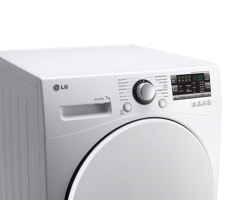LG Trockner mit Wärmepumpen Technologie und selbstreinigenden Kondensator für gleichbleibend niedrigen Energieverbrauch. Bis zu 7 kg Fassungsvermögen., RC7055AH1Z