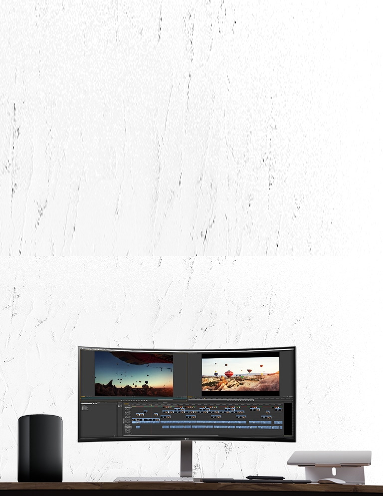 Estación de trabajo con espacio útil de pantalla QHD 21:9 (3440*1440) para el estudio de creadores de contenido