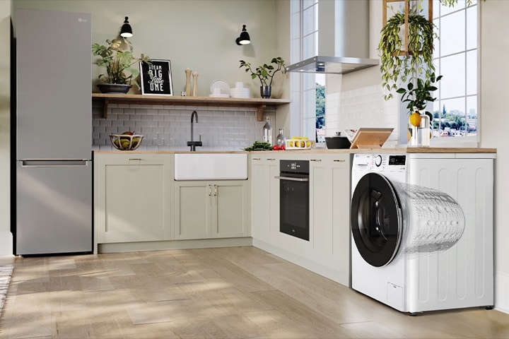 C’est l’angle montrant le côté de la machine à laver dans la cuisine. L’intérieur de la machine à laver est visible à travers et le tambour s’agrandit.