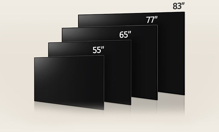 Image comparant les différentes tailles de LG OLED G3, présentant les modèles 55", 65", 77" et 83".