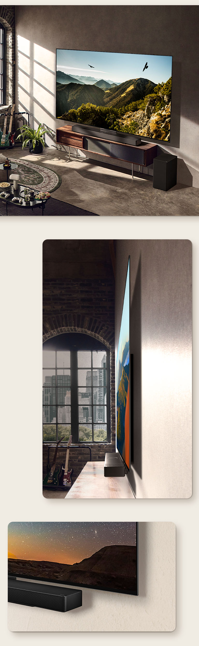 影像顯示，充滿藝術感的房間牆上掛著搭配 Soundbar 的 LG OLED C3。LG OLED C3 超薄機身的側視圖，在窗前俯瞰城市景觀。LG OLED C3 和 Soundbar 的底角。
