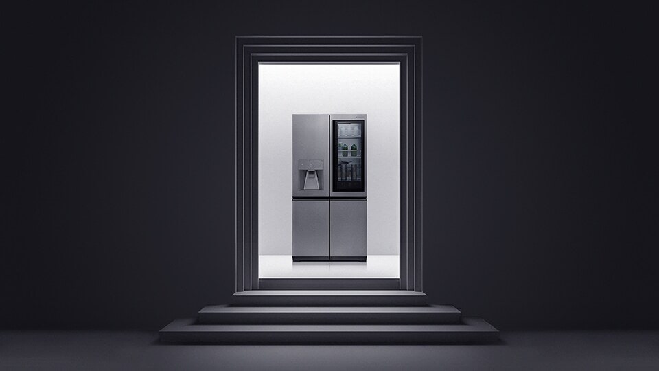 LG SIGNATURE Refrigerator is laid on the space where the black and white stair and the wall structure is installed.