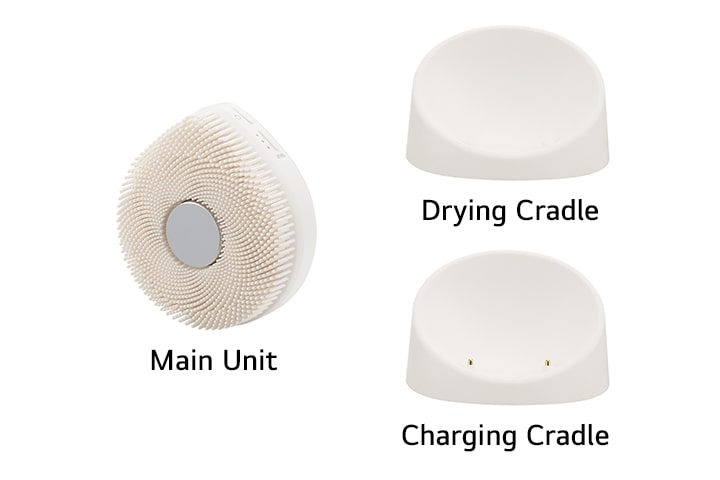 It shows the main unit, drying cradle, and charging cradle, which are components of WashPop.