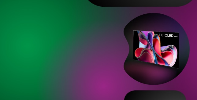 Gambar emblem "10 Tahun TV OLED No.1 di Dunia" dengan latar belakang warna hitam serta kembang api warna merah muda dan ungu.